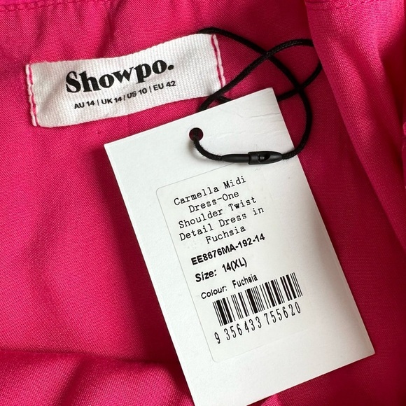 NWT Showpo. hot pink magenta fuchsia Carmella midi dress one-shoulder twist 10 - Picture 3 of 16